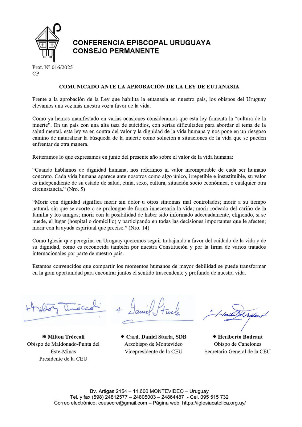 Conferencia Episcopal Uruguaya. Comunicado ante la aprobación de la Ley de Eutanasia