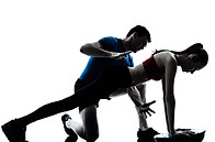 personal trainer man coach and woman exercising abdominals push ups on bosu silhouette stu