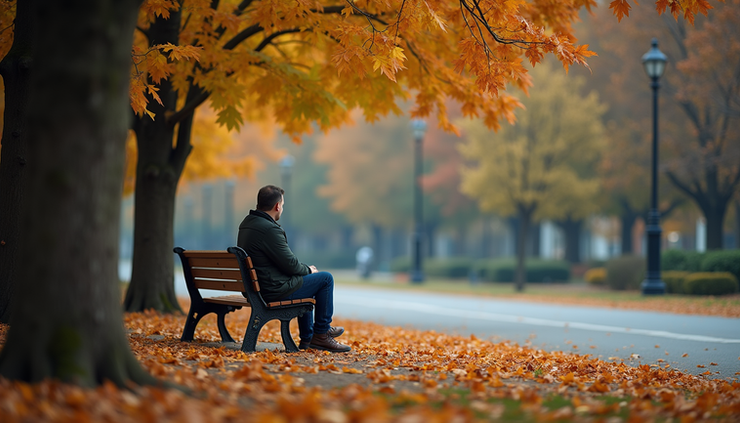 Eye-level view of a single person sitting alone on a park bench, surrounded by muted autumn leaves