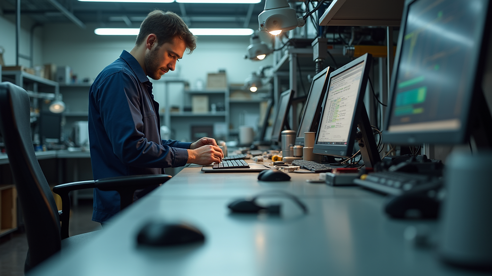 Eye-level view of a tech repair shop counter with tools and devices