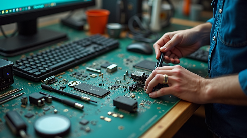 High angle view of computer repair tools and parts on a workbench