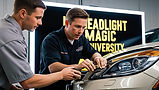 create an image of a detailer teaching another detailer how to work on a headlight with a