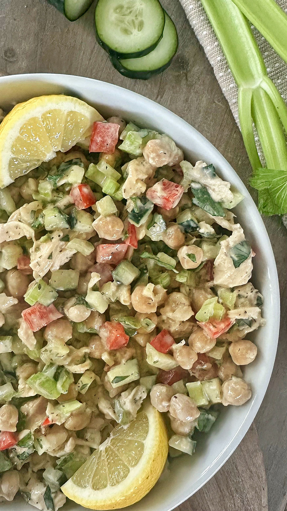 A no-cook, gluten and dairy- free chicken and chickpea salad with yogurt dressing