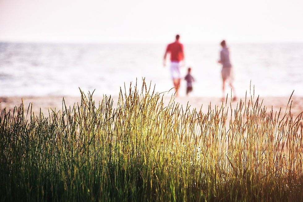 Ein Foto von einem Strand, verschwommen im Hintergrund steht eine junge Familie.