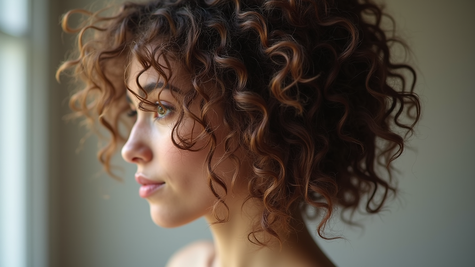 Eye-level view of curly hair styled in a loose bun with minimal frizz