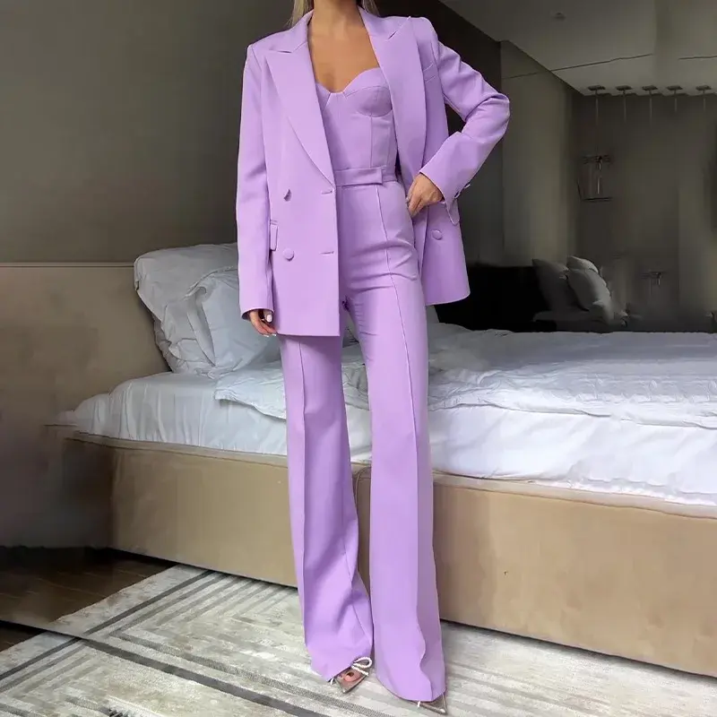 Thumbnail: New Light Blue Color Options Strapless Top Flare Pants Blazer Suit
