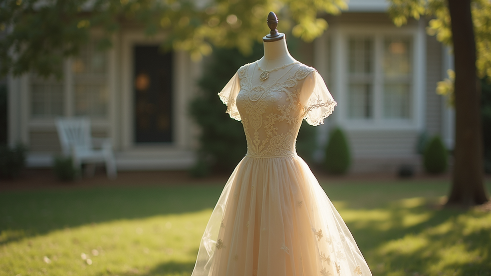 Eye-level view of a stylish outdoor setting with a vintage dress on display