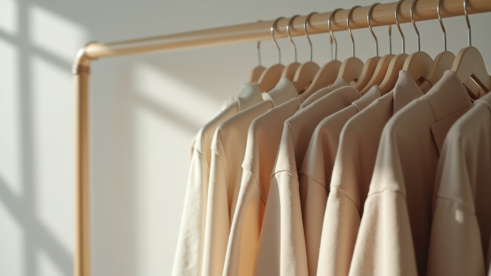 Eye-level view of a minimalist clothing rack with neutral-toned garments