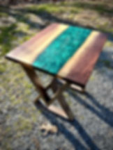 resin river end table evergreen and black walnut with custom metal legs