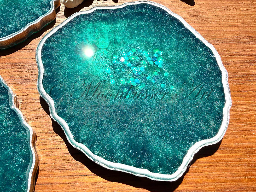 Thumbnail: Agate Resin Coaster - Jade, turquoise with silver and iridescent glitter center