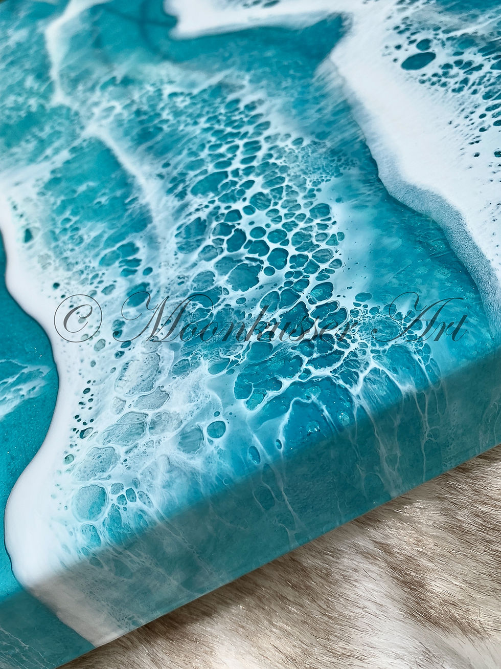Thumbnail: Resin Art - Bora Bora Beach, teal and turquoise waves with white lacing in epoxy resin