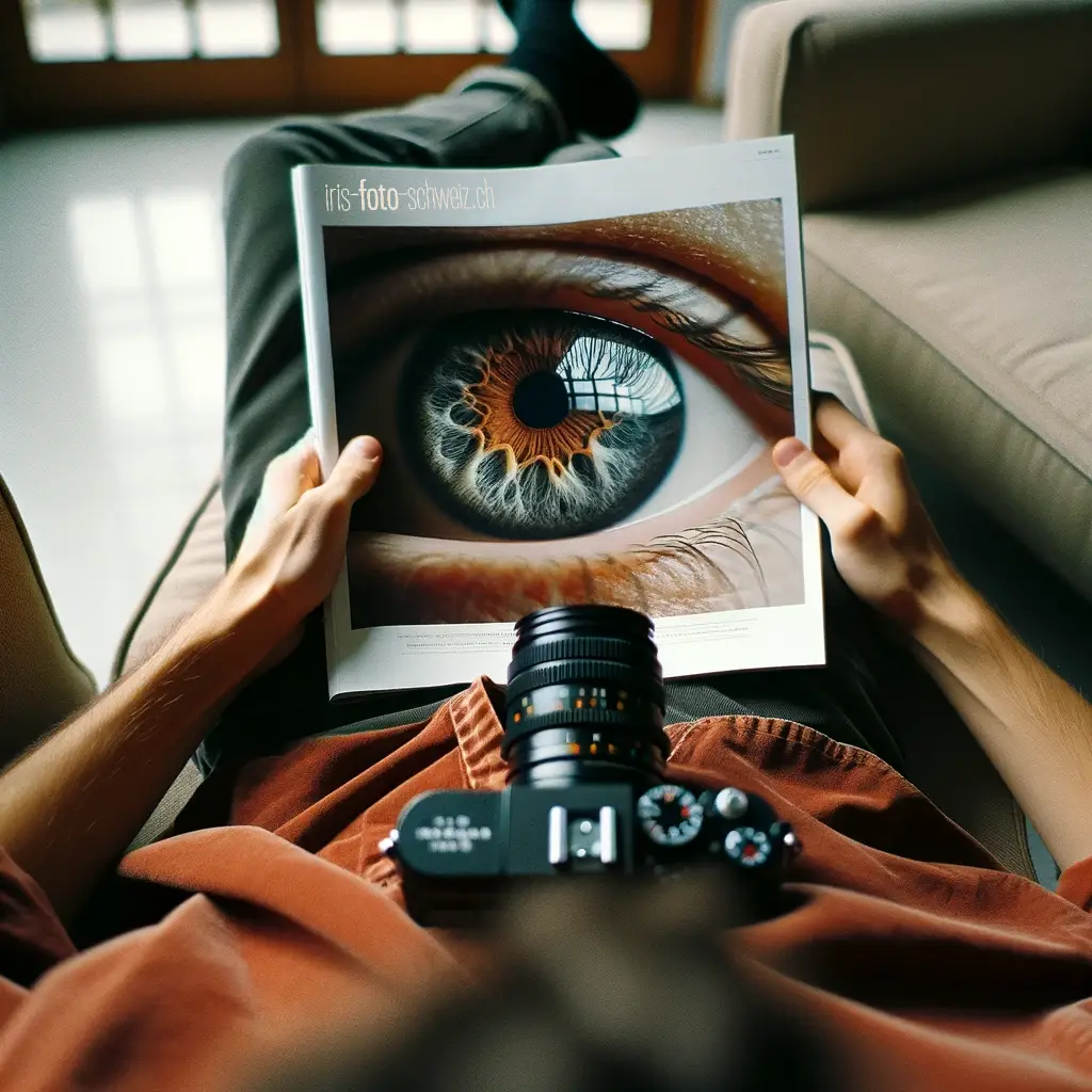 Es zeigt die Aufnahmesituation über die Schulter einer Person, die in einem beigen Sessel sitzt und ein Iris Foto Magazin mit einer menschlichen Iris auf dem Cover hält. Die Szene ist im Stil einer Aufnahme mit einer Leica M Kamera, einem 50mm Objektiv, einer Blende von 2.8 und Fujifilm Velvia Film gestaltet.. Das Bild wurde mit DALL-E erzeugt und soll den Startschuss für den Blog von Iris Foto Schweiz darstellen.