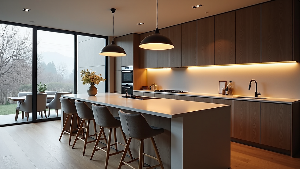 Eye-level view of modern kitchen with large island and pendant lights
