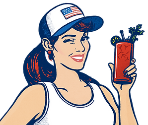 American Mary illustrated portrait holding a Bloody Mary cocktail