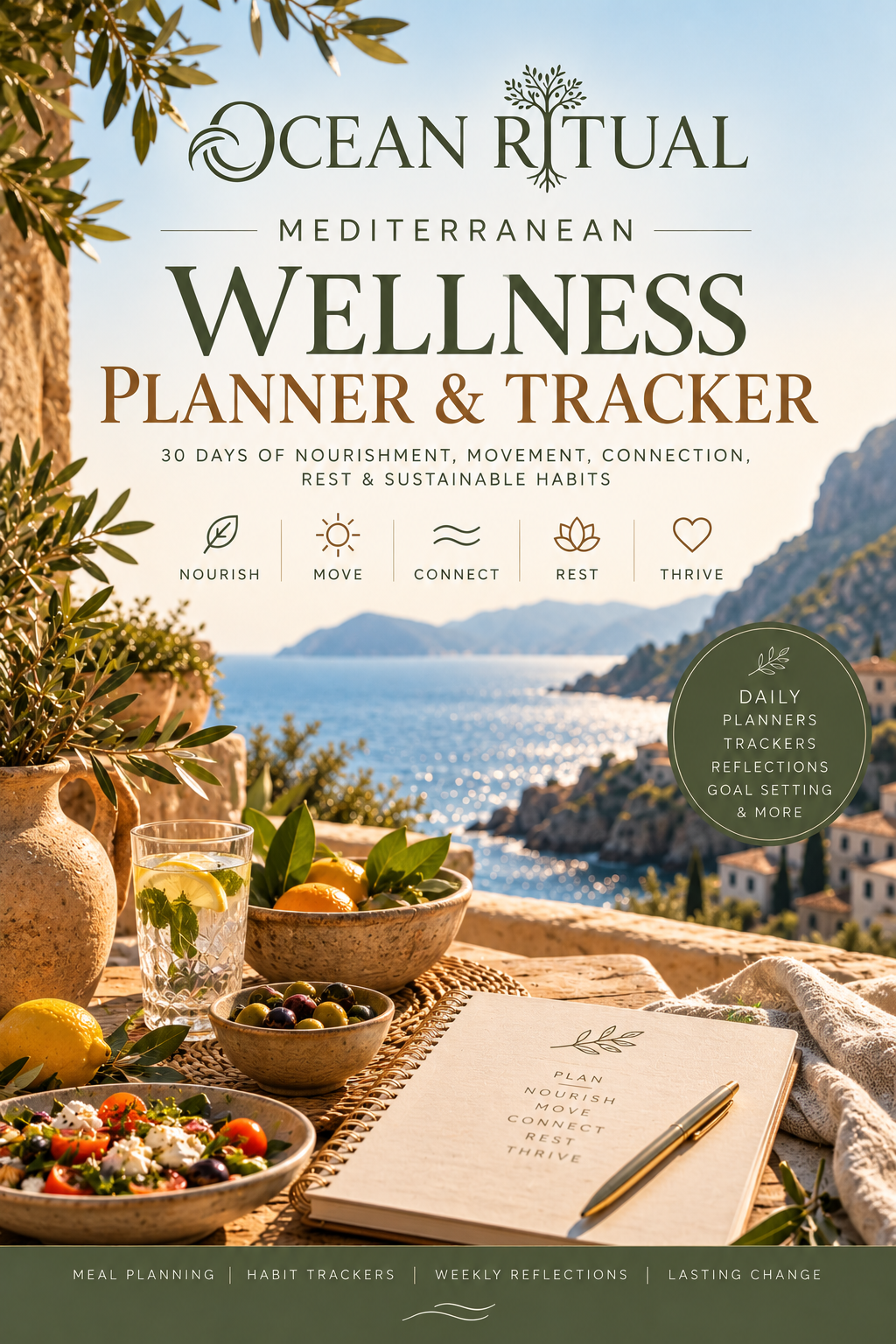 Mediterranean Wellness Planner & Tracker | 30-Day Meal Planner, Healthy Habits