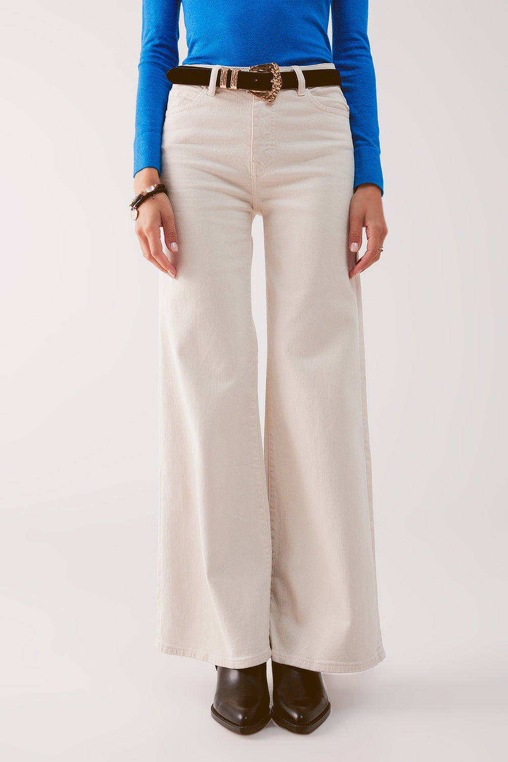 Cotton Blend Wide Leg Jeans in Beige