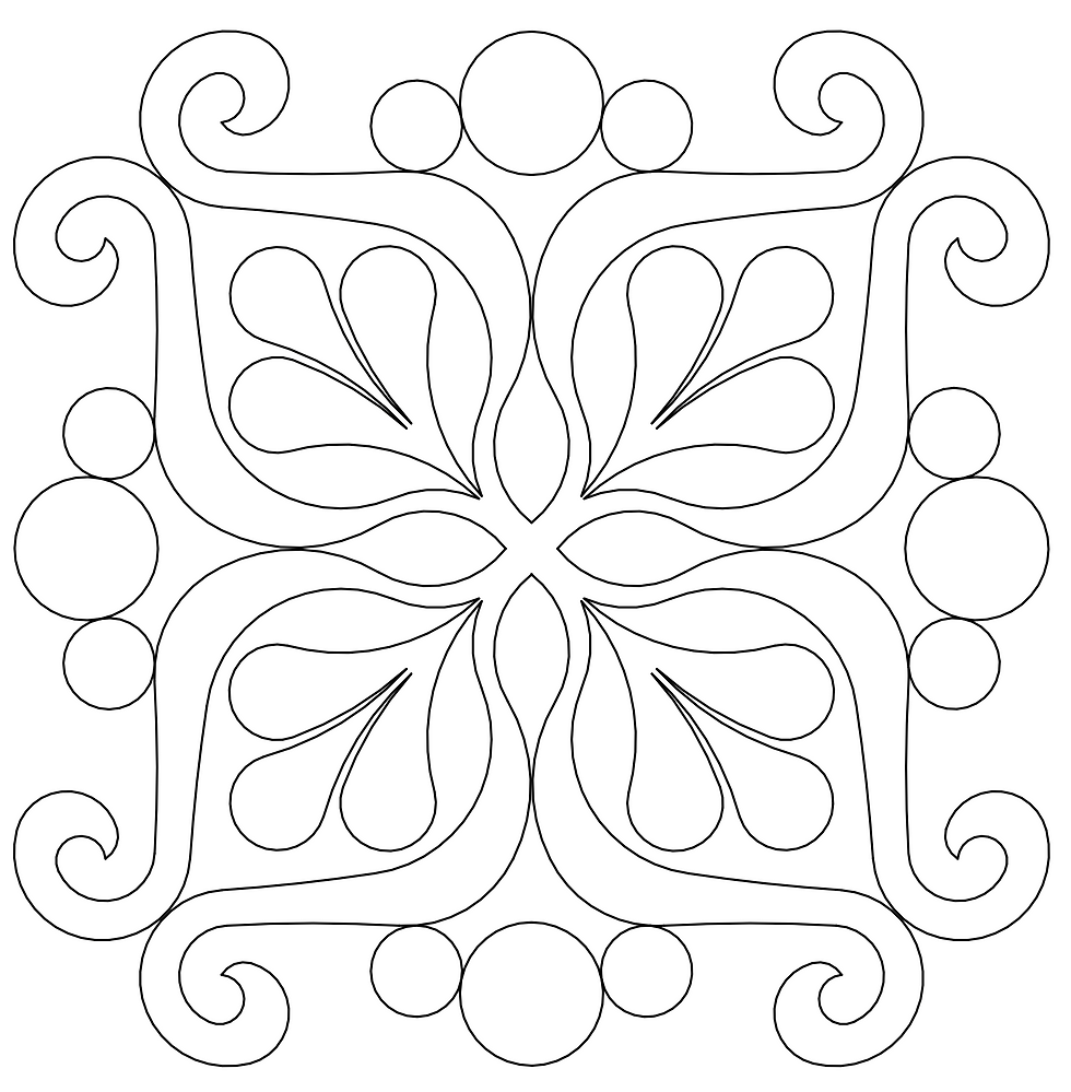 Custom quilting block with pearls, swirls, and feathers
