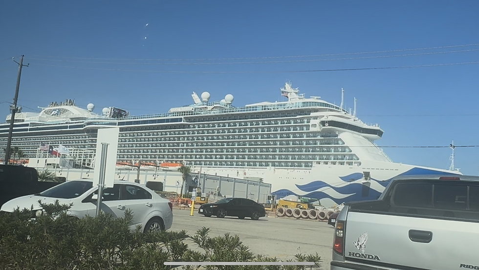 The Regal Princess docked majestically at the Port of Galveston under clear blue skies.
