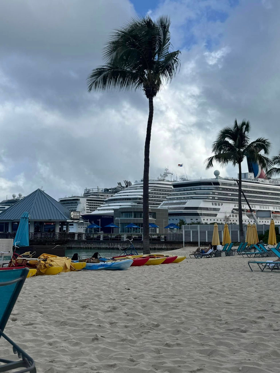Palm trees sway gently on the sandy shores of the British Colonial's back beach area, while a majestic cruise ship looms in the background. Kayaks and beach chairs add a splash of color to the tranquil scene.