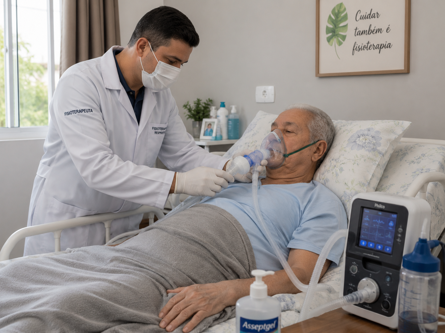 Paciente com DPOC e dor nas costas fazendo exercícios respiratórios em casa