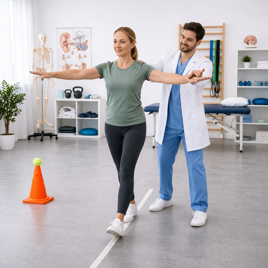 Paciente realizando exercícios vestibulares para labirintite em casa em Leblon