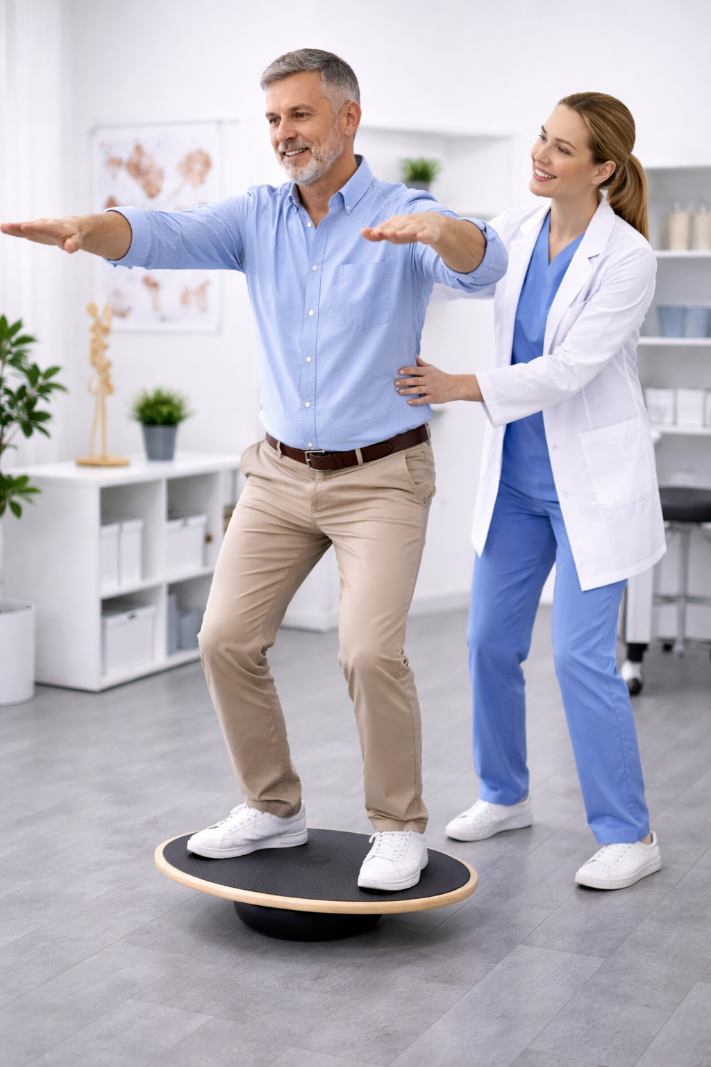 Idosa fazendo exercícios de equilíbrio em casa