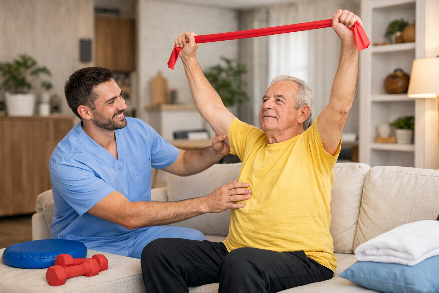 Paciente fazendo fisioterapia em casa