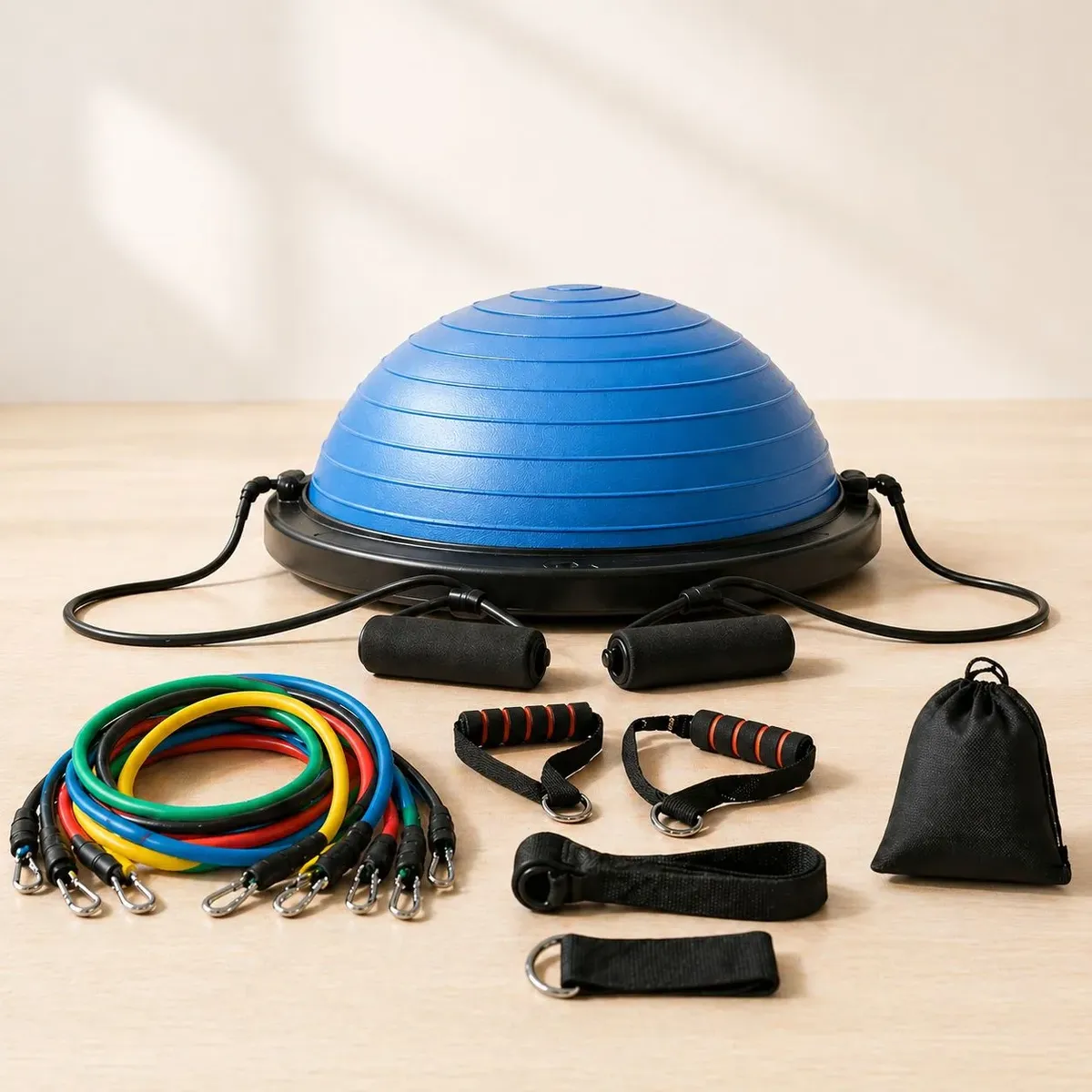 Meia bola Bosu com cinco elásticos de resistência progressiva