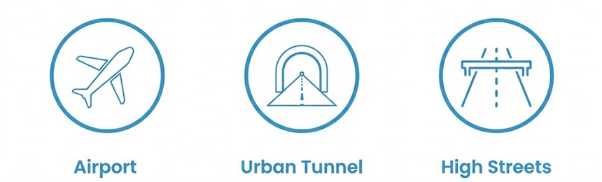 Icons for Airport, Urban Tunnel, and High Streets