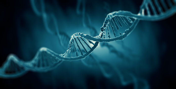 A blue and black image depicting a double stranded molecule known as DNA.