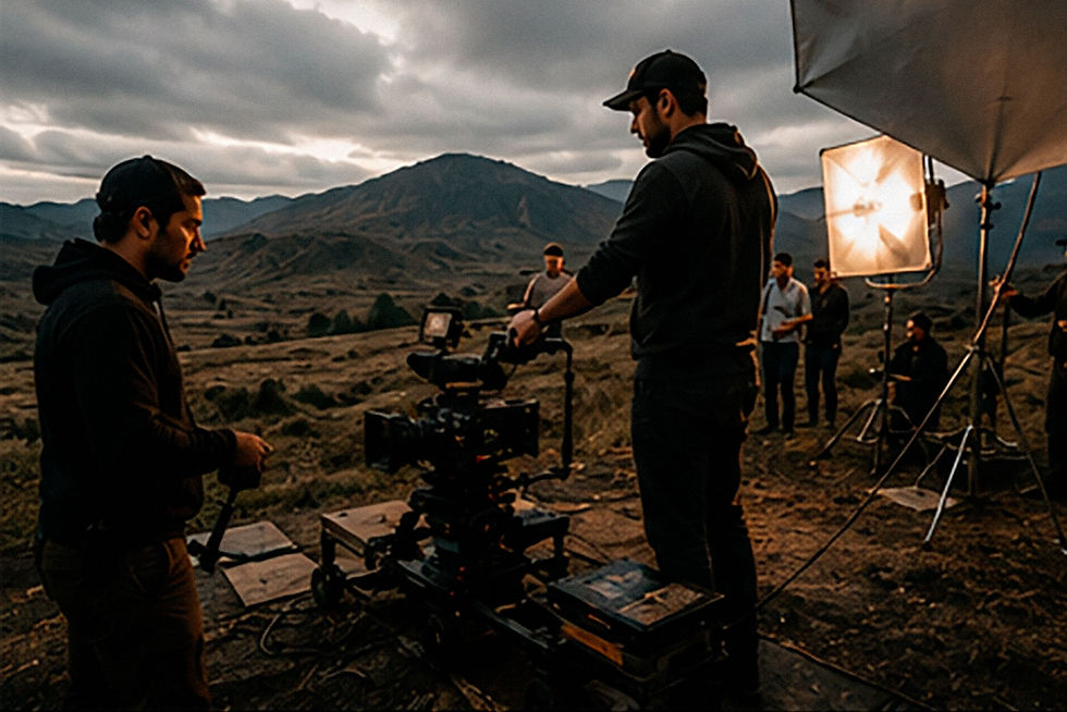 Equipo de rodaje en una ladera montañosa, ajustando una cámara al atardecer bajo cielo nublado y luces de estudio.