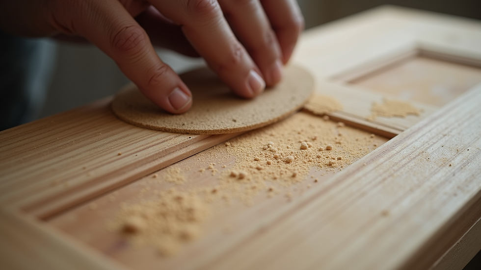Close-up view of a hardwood door being sanded for restoration