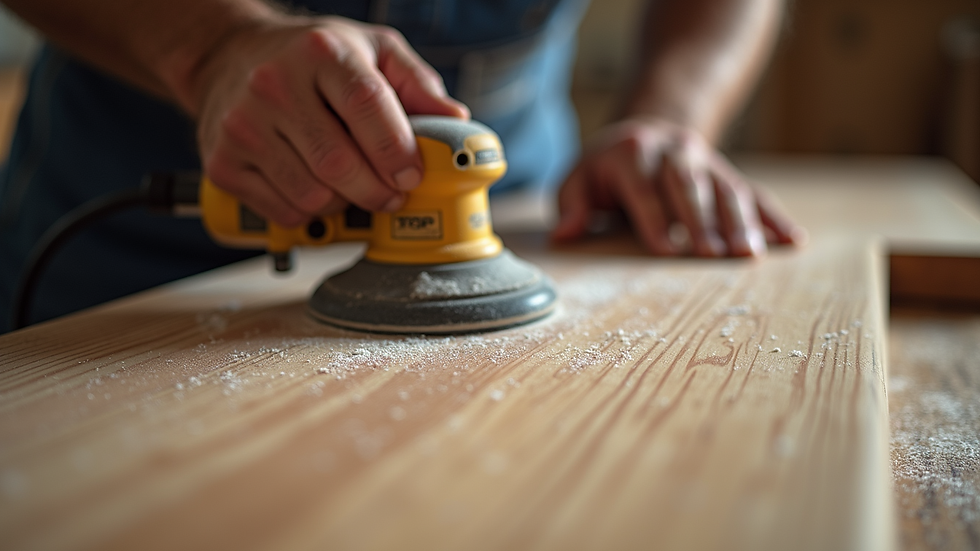 Close-up view of a craftsman restoring a hardwood door with fine sanding