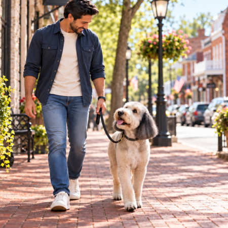 Man walks a fluffy dog on a sunny brick sidewalk in a charming downtown street, both looking happy.
