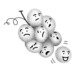 One grape leaving the bunch with a smile on it's face while the rest of the bunch looks on sadly.
