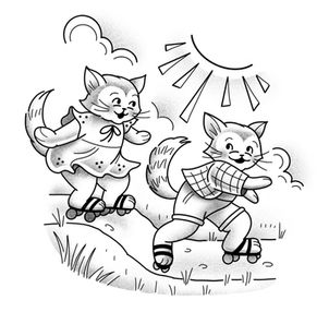 A cat in a dress and a cat in shorts and a plaid shirt roller skate happily on a sunny day