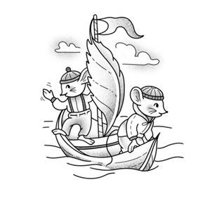 Two mice in a boat with a leaf for a sail, one is waving