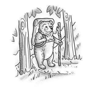 Bear in forest with backpack and hiking stick