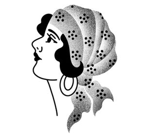 Bust of person with head scarf and hoop earring