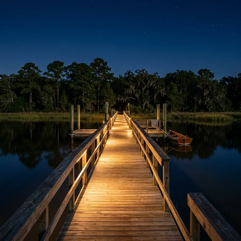 Packshot photography of a wooden pier illuminated at night over calm water. The serene scene features a dark, starry sky and surrounding trees.