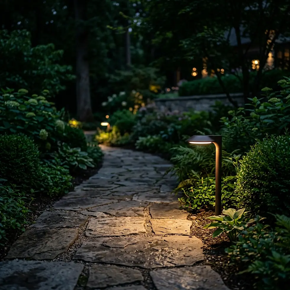 Photography of a stone garden path illuminated by elegant landscape lights at dusk. Lush greenery lines the winding path, creating a peaceful evening scene.