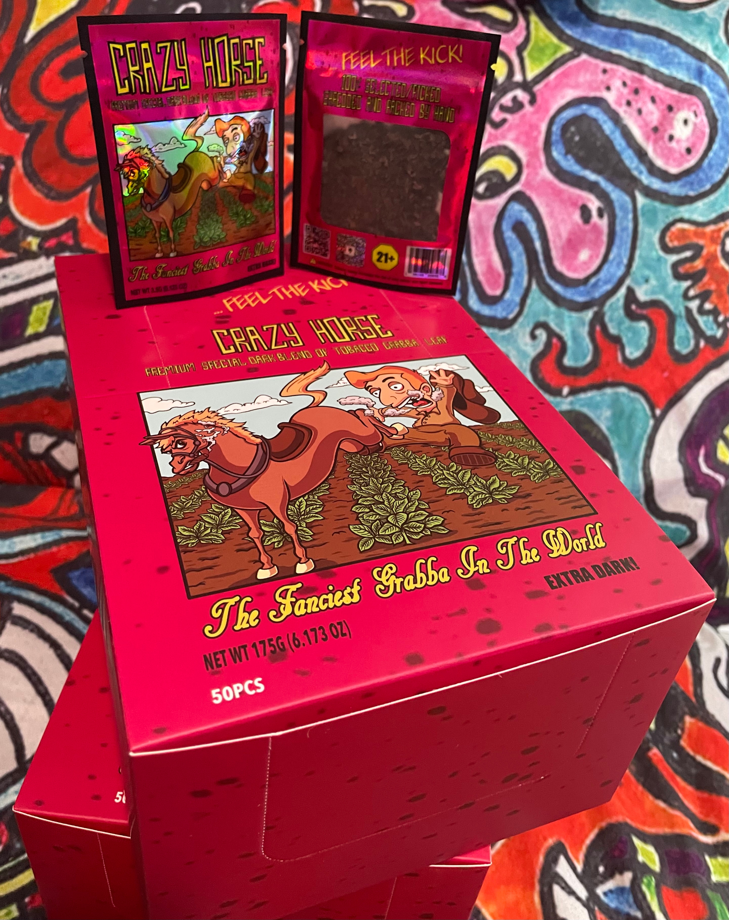 Crazy Horse Premium Special Dark Blend Of Tobacco Grabba Leaf.