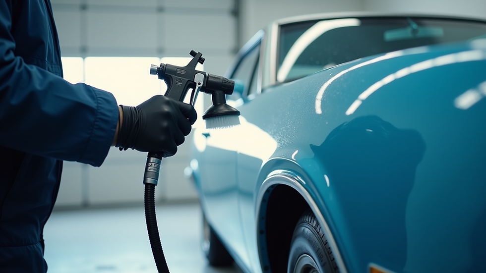 Eye-level view of a spray gun applying paint to a car panel