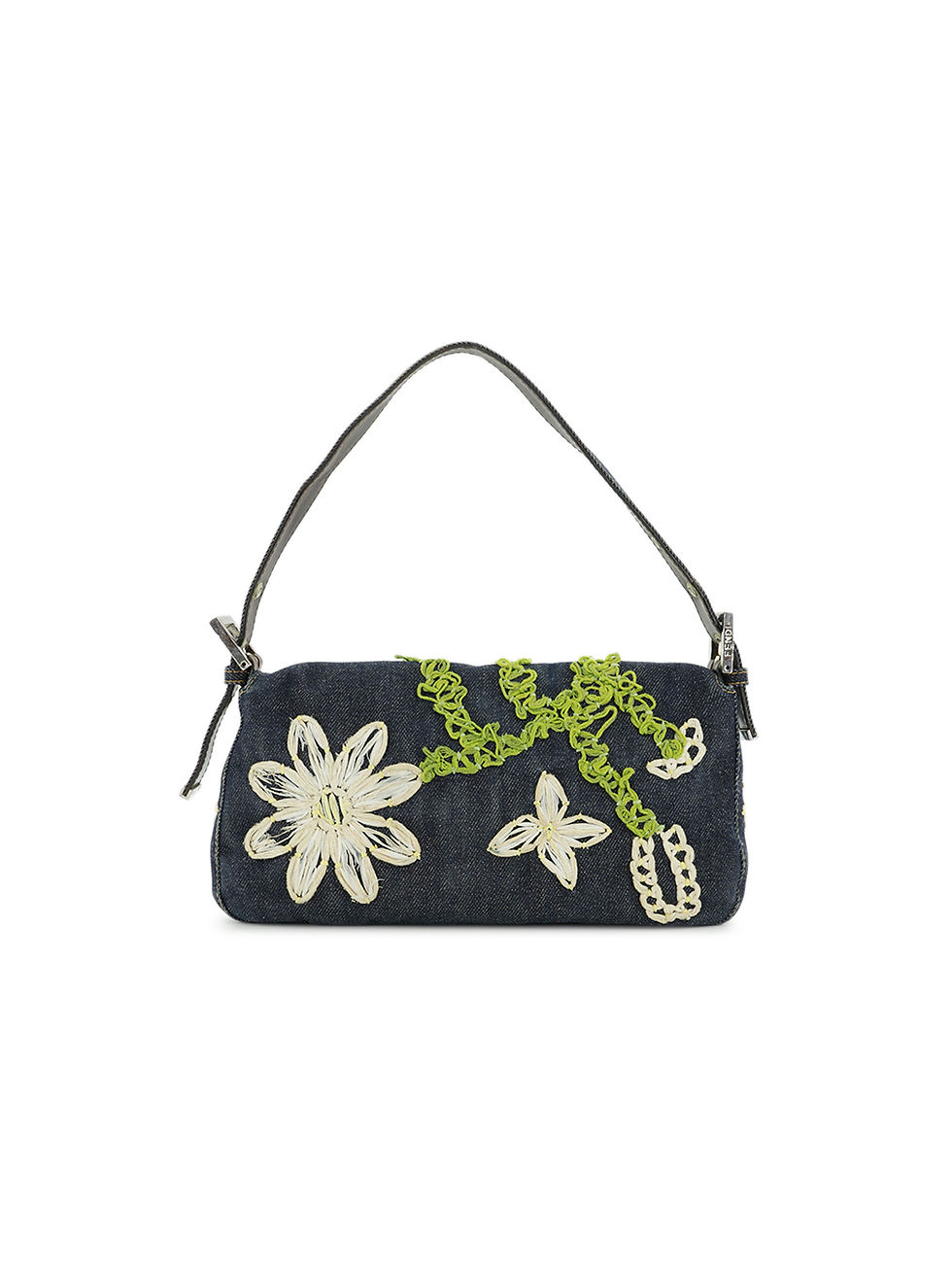 Thumbnail: Fendi Denim Floral Embroidered Baguette Handbag