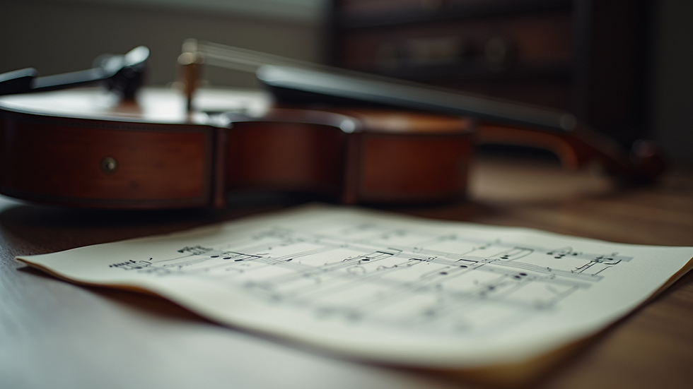 Close-up view of a musician’s instrument with notes scattered around