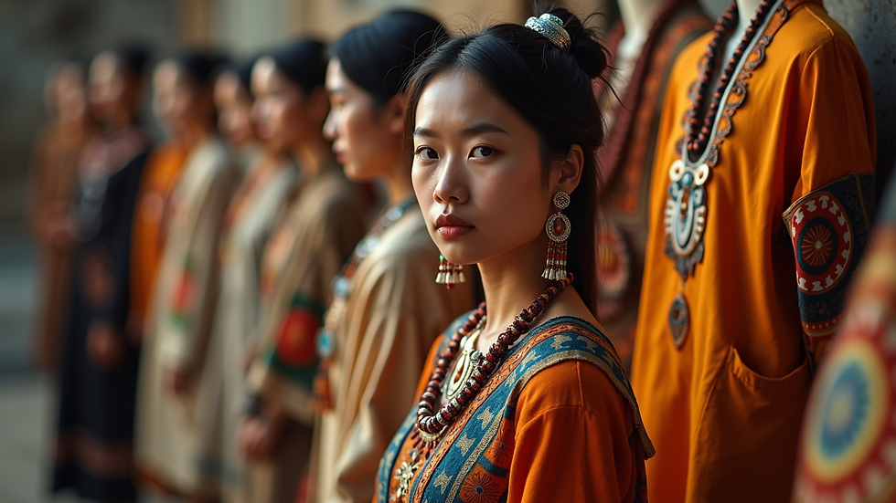 High angle view of Indigenous-inspired clothing on display
