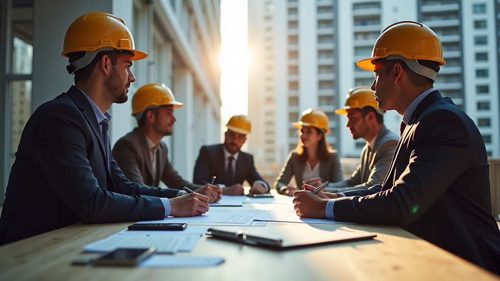 Eye-level view of a construction site project management meeting