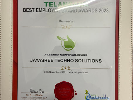 "JAYASREE TECHNO SOLUTIONS" Won TELANGANA BEST EMPLOYER BRAND AWARD For 2023 by WORLD HRD CONGRESS