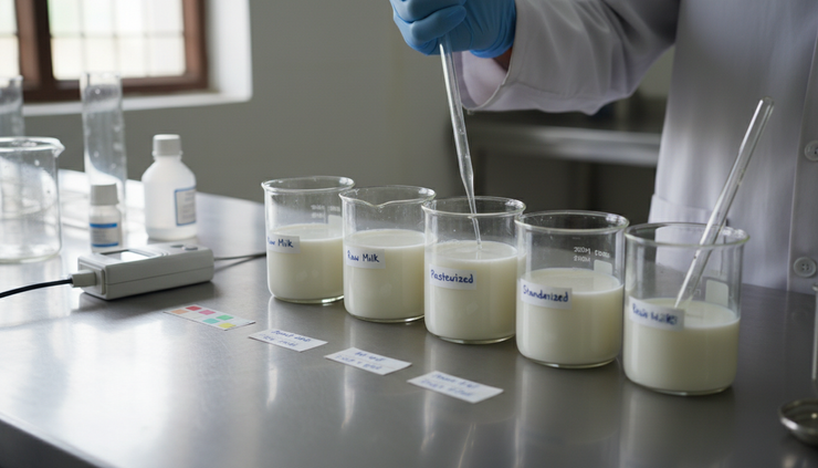 Close-up view of a gloved hand testing milk quality with laboratory glassware beside labelled samples