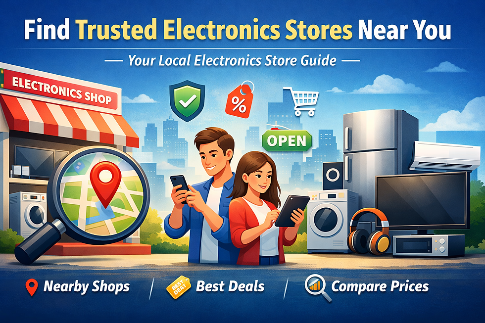 Eye-level view of a local electronics store aisle with home appliances